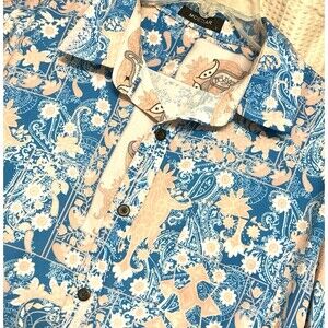 MCEDAR Hawaiian Shirt Mens Large Blue Floral Button Up Short Sleeve Polyester